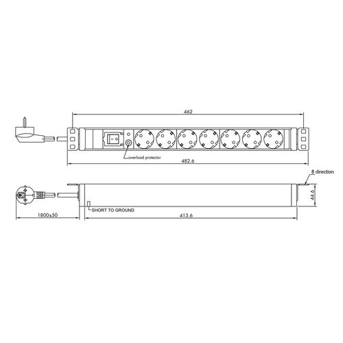 Regleta  19 1UH, PDU 7 - way Socket, 45º with overload protector, 2m  Value