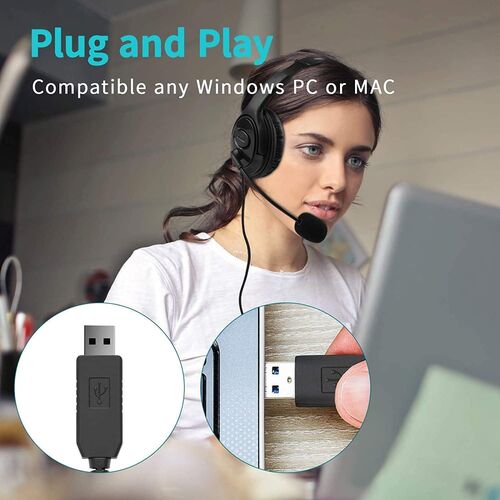 Auriculares USB, auriculares para PC con micrófono, cancelación de ruido y control de volumen, para chat por ordenador, para Skype, webinar, oficina...