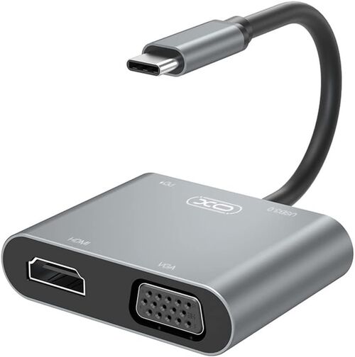 Convertidor  de USB  3.1 Tipo C a  VGA, HDMI, Tipo C (100W) Y USB A, 4K, Plata