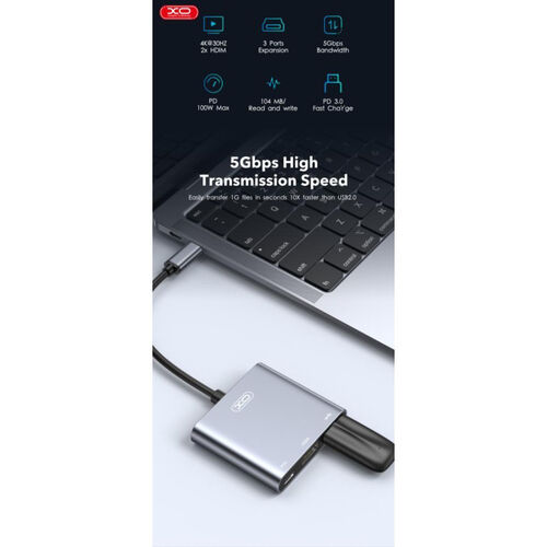 Convertidor  USB 3.1 Tipo C  a  HDMI, Tipo C (100 W)Y USB A Tipo C , 4K, - Plata
