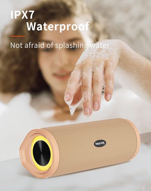 Altavoz Bluetooth Potente Portatil con Luz LED de Color Hay Volumen Alto y Graves Potentes, Impermeable IPX7, Sonido Stereo 360°, 40 Horas de Reproducción, Apoya AUX, SD - Amarillo